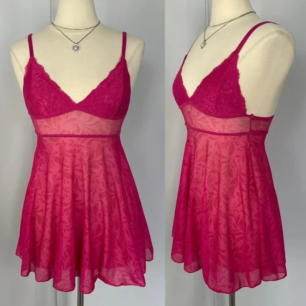 Cami Tank Top Size Medium Hot Pink Sheer Mesh Babydoll Lingerie Romantic